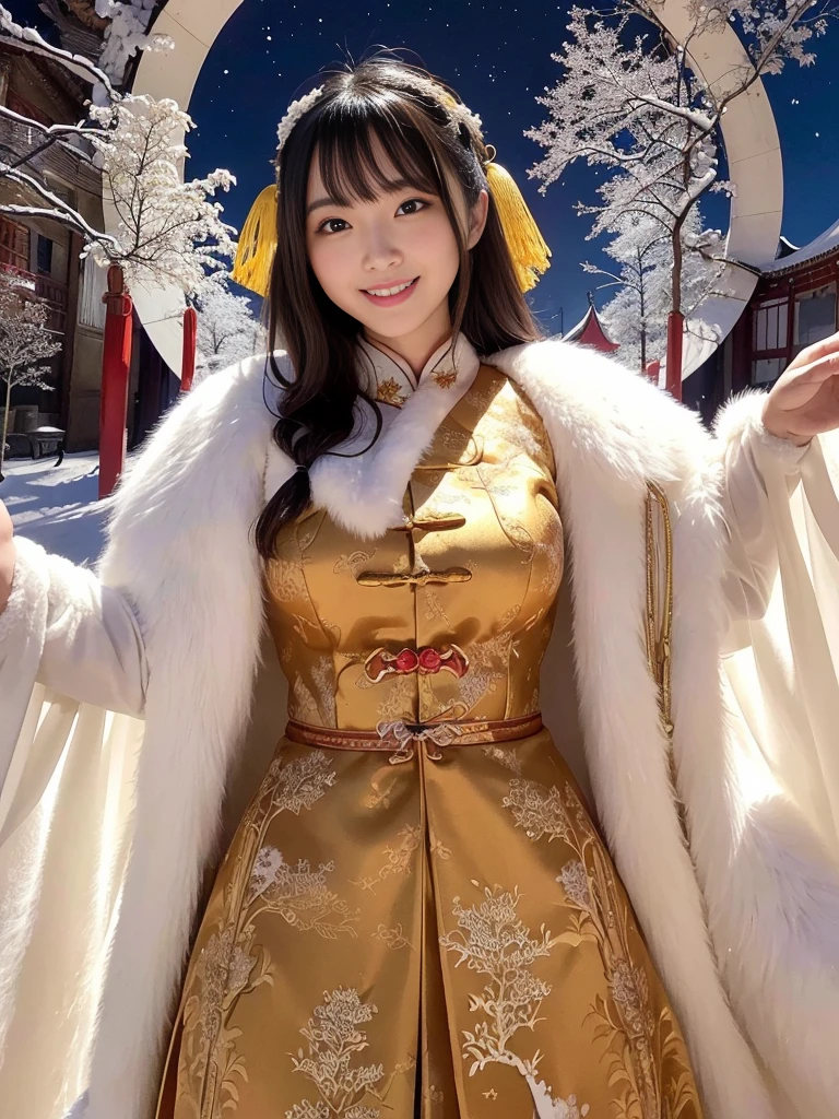 fluffyの毛皮。fluffy。((Gorgeous and antique Chinese dress))(smile)(((Pair of women、snow、night)))。Arms outstretched、Armpits。Photos of women in dresses。Brown fur cape。Fisheye Lenultiple women。