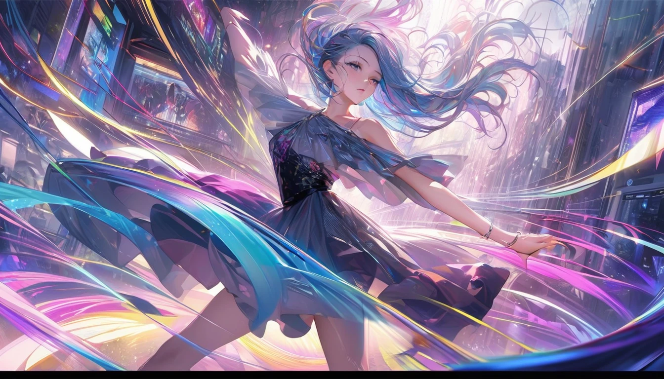 In a world filled with vibrant colors and intricate details, a graceful 2D anime-style woman moves elegantly in her modern room to the hypnotic beats of electronic dance music. She exudes a sense of beauty and grace, her modern outfit accentuating her fluid movements. This stunning image captures the essence of both contemporary fashion and dance, depicted in a high-quality digital painting that immerses viewers in the enchanting atmosphere of the scene. Every detail, from the flowing lines of her hair to the dynamic poses she strikes, is meticulously rendered with precision and skill.