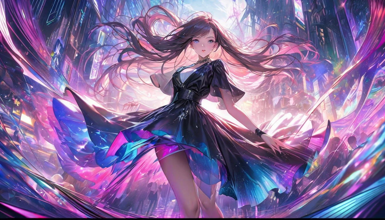 In a world filled with vibrant colors and intricate details, a graceful 2D anime-style woman moves elegantly in her modern room to the hypnotic beats of electronic dance music. She exudes a sense of beauty and grace, her modern outfit accentuating her fluid movements. This stunning image captures the essence of both contemporary fashion and dance, depicted in a high-quality digital painting that immerses viewers in the enchanting atmosphere of the scene. Every detail, from the flowing lines of her hair to the dynamic poses she strikes, is meticulously rendered with precision and skill.