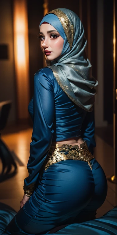 3dmm style, Masterpiece, best quality, photography, detailed skin, realistic, photo-realistic, 3D Character Design, pixar, real cartoon, 8k, highly detailed, full length frame, High detail RAW color art, diffused soft lighting, shallow depth of field, sharp focus, hyperrealism, cinematic lighting, ((close up)) hijab, a woman, beautifully makeup, brown beautiful big eyes, long eye lashes, wearing (Dark blue satin hijab), loosely tide hijab style,((gray satin shirt)), palazzo pants,