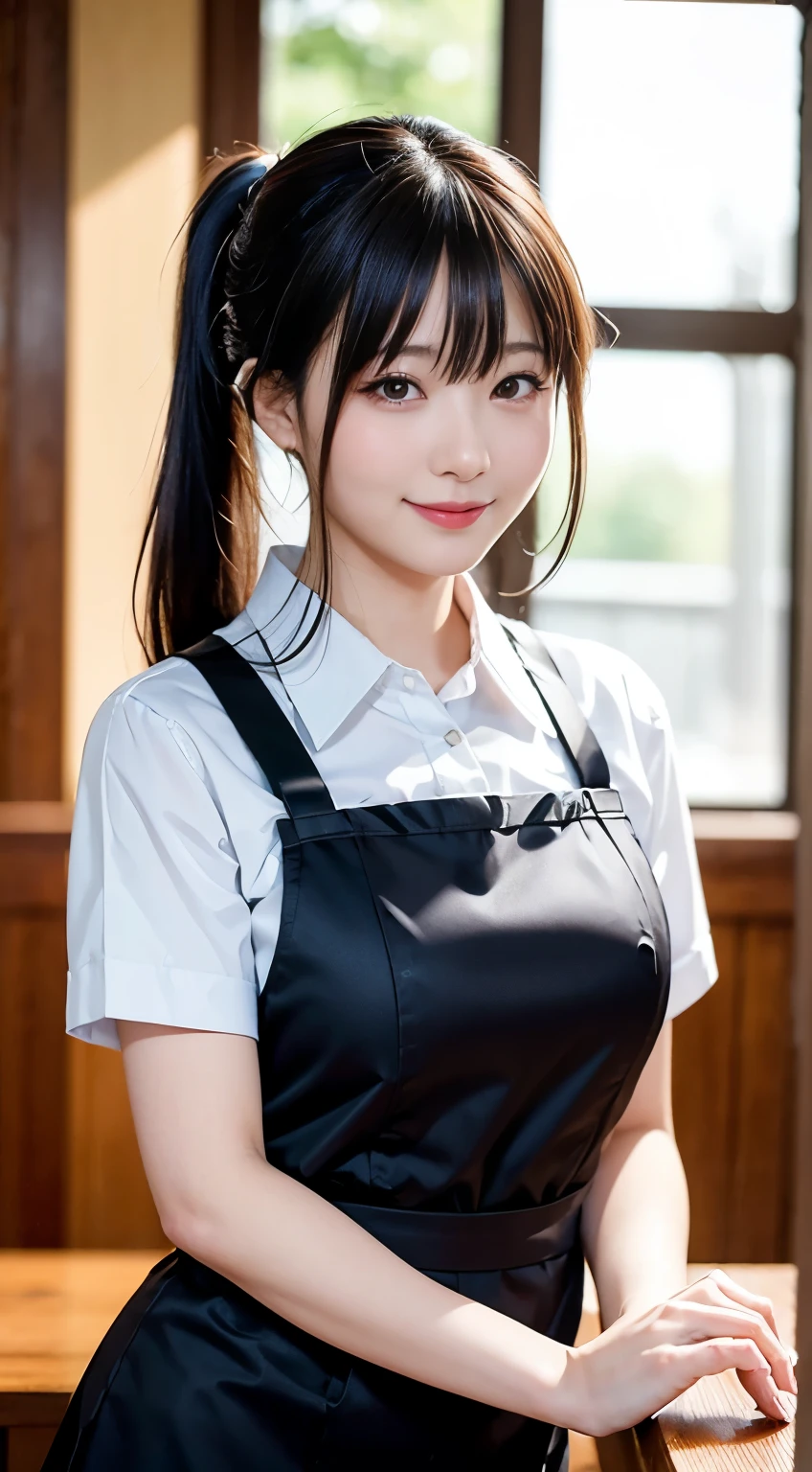 (Highest quality,masterpiece:1.3,Ultra-high resolution,),(Very detailed,Caustics),(Realistic:1.4,RAW shooting,)Ultra-Realistic Capture,Very detailed,High resolution 16k human skin closeup。 Natural skin texture、,pores、、、、It must be detailed enough to be easily identifiable。 Skin tone is even and healthy looking。 Use natural light and color,restaurant,Waitress Uniform,1 girl,Japanese,18-year-old,cute,Black-haired,ponytail,Big Breasts,smile,Turn your body forward,(Front view:1.1),Looking into the camera,Cowboy Shot,