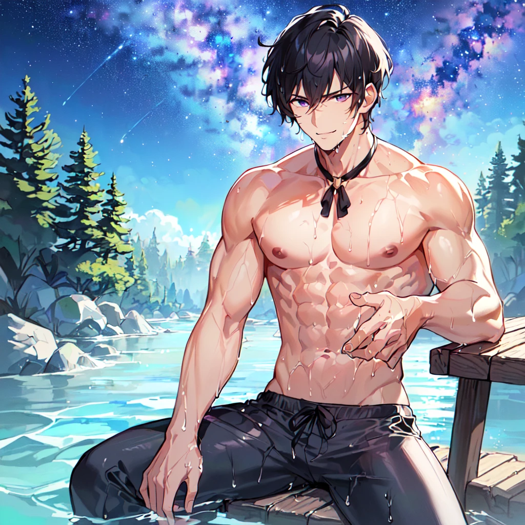 masterpiece,best quality,high quality,extremely detailed,(male austere handsome one solo adult age 30 years old:1.5),(purple eyes, cool with suspended eyes), body strong and fearless 8.5 head tall and 185cm tall,(well-groomed black hair short hair to neck:1.4), (bangs parted in thirds:1.4), (pectoral and rectus abdominis muscles:1.3), slender nose, facial muscles, (saltwater pants:1.3), (hand on neck:1.3), (scowling smile:1.3), (bathing and wet:1.3), (stylish pose), (seated:1.3), (hair in (background summer river and forest:1.3), (Milky Way Night Sky: 1.3)