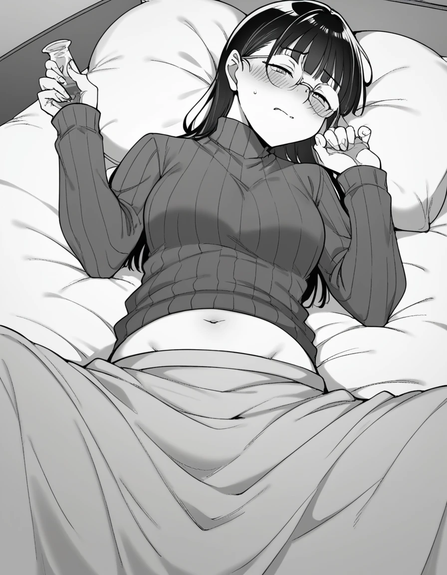 score_9, score_8_superior, score_7_superior, sauce_anime,
ringoyamiyoshi, miyoshi, Long Hair, bangs, Braiding, Glasses, twin Braidings, Monochrome, grayscale,
Long sleeve, belly button, sweater, turtleneck, turtleneck sweater, skirt, long skirt,
indoor, bed, bed room, ~ side, blush, Drunk,
View your viewers, alone, Pussy, alone, Spread your legs