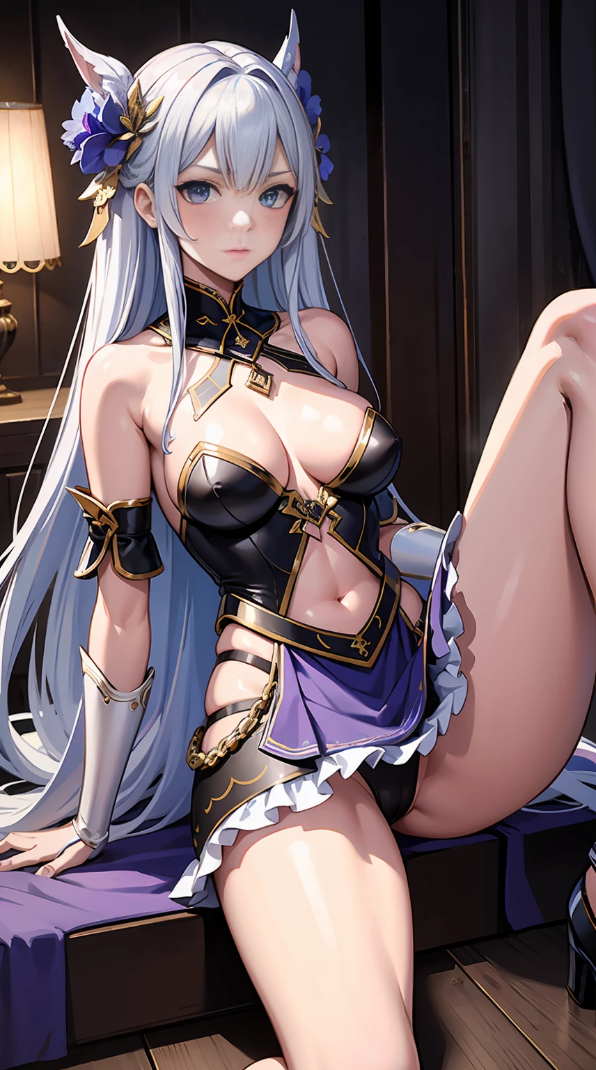 Highest quality, masterpiece, Intricate details, One Woman, Age 25, Mature Woman, Cinema Lighting、Paladin warrior woman、Platinum armor with beautiful and intricate floral embroidery.、heavily damaged armor:1.5、Low-rise skirt、Polka dot micro panties:1.5, slim、Sweaty肌, squat:1.2, Spread your legs:1.4, imprisoned in prison、Chained、Angry face、Sweaty、blush、whole body、Eyes from below、
