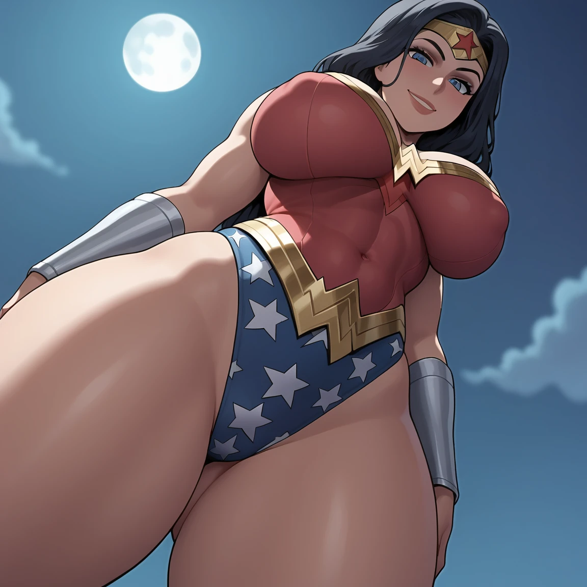 1girl, Wonder Woman, breasts, from below, solo, navel, panties, big breasts, gloves, eyes, looking at viewer, looking down, moon, smile, heart, thighs, covered nipples, thick thighs, panties, makeup, long hair, night,