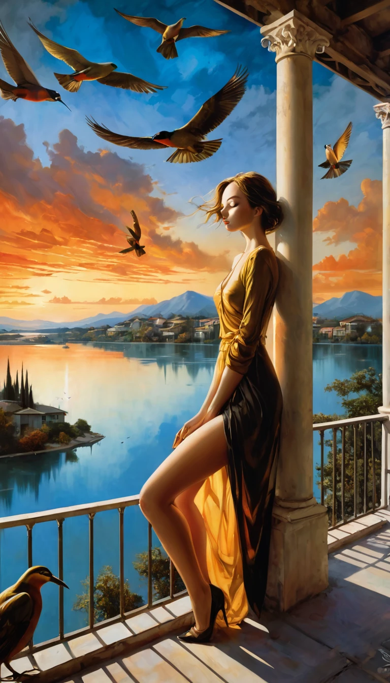 large open terrace overlooking a beautiful lake with dream houses, a sexy girl relaxes on the terrace, landscape, clouds, birds, sunset (art inspired by Bill Sienkiewicz). oil painting) (best quality,4k,8k,highres,masterpiece:1.2),ultra-detailed,(realistic,photorealistic,photo-realistic:1.37),intricate details,vivid colors,sharp focus,professional,Dave McKean artwork, oil touch of surrealism,oil painting style