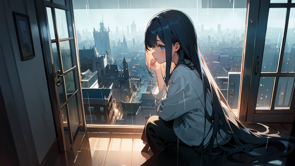 A young girl with long hair, leaning on her hand, gazes out the window at a rain-soaked city below. The scene is serene and ethereal, with a soft, dreamlike quality enveloping the cityscape.