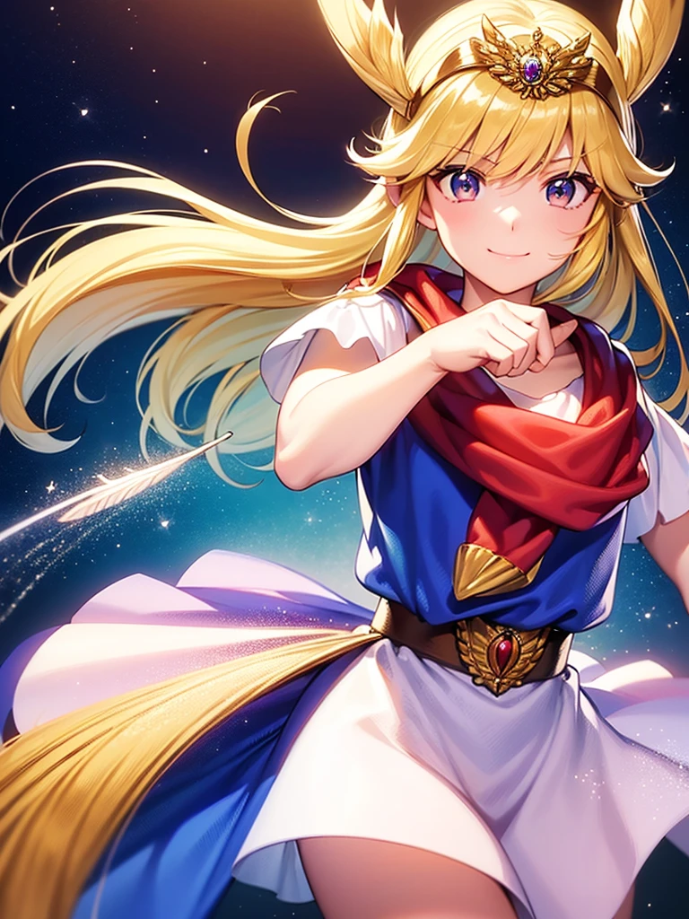 masterpiece、1 beautiful girl、fine eyes、smile,puffy eyes、highest quality, 超High resolution, (reality: 1.4), movie lighting、super beautiful、beautiful skin、body facing forward、Upper body,close up of face,(Ultra-realistic)、(High resolution)、(8k)、(very detailed)、(Beautiful and fine eyes)、(Super detailed)、 (wall-)、detailed face、bright lighting、professional lighting、looking at the viewer、look straight ahead、slanted bangs、perfect cosplay, highest quality,super detailed,1 girl,alone,magical princess,blonde hair,blue clothes,blue skirt,brown eyes,feather hair band,long hair,pauldron,boots,red scarf,tiara,white shoes, flower field background,prepare a bow