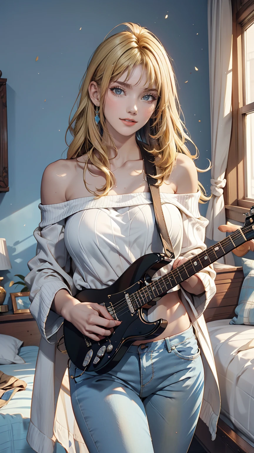 19-year-old Caucasian female、Blonde、Wear off-the-shoulder tops、I can see my belly button、Wear low rise skinny jeans、Teenager's room、The wall color is pastel blue、guitar、smile