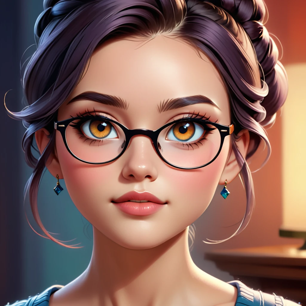 a girl wearing glasses, beautiful detailed eyes, beautiful detailed lips, extremely detailed face, longeyelashes, intricate hairstyle, delicate facial features, soft lighting, warm color tones, cinematic composition, digital painting, highly detailed, 8k, ultra-detailed, (best quality,4k,8k,highres,masterpiece:1.2),ultra-detailed,(realistic,photorealistic,photo-realistic:1.37),HDR,UHD,studio lighting,extreme detail description,professional,vivid colors,portrait