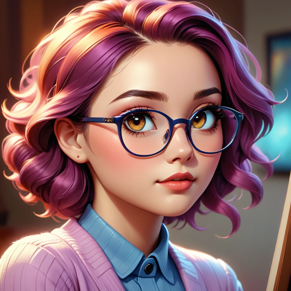 a girl wearing glasses, beautiful detailed eyes, beautiful detailed lips, extremely detailed face, longeyelashes, intricate hairstyle, delicate facial features, soft lighting, warm color tones, cinematic composition, digital painting, highly detailed, 8k, ultra-detailed, (best quality,4k,8k,highres,masterpiece:1.2),ultra-detailed,(realistic,photorealistic,photo-realistic:1.37),HDR,UHD,studio lighting,extreme detail description,professional,vivid colors,portrait