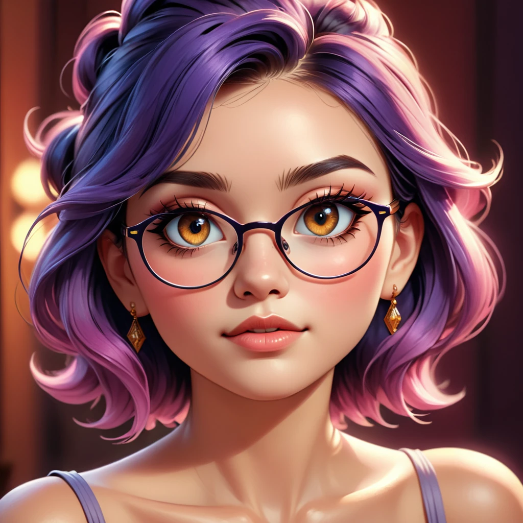 a girl wearing glasses, beautiful detailed eyes, beautiful detailed lips, extremely detailed face, longeyelashes, intricate hairstyle, delicate facial features, soft lighting, warm color tones, cinematic composition, digital painting, highly detailed, 8k, ultra-detailed, (best quality,4k,8k,highres,masterpiece:1.2),ultra-detailed,(realistic,photorealistic,photo-realistic:1.37),HDR,UHD,studio lighting,extreme detail description,professional,vivid colors,portrait