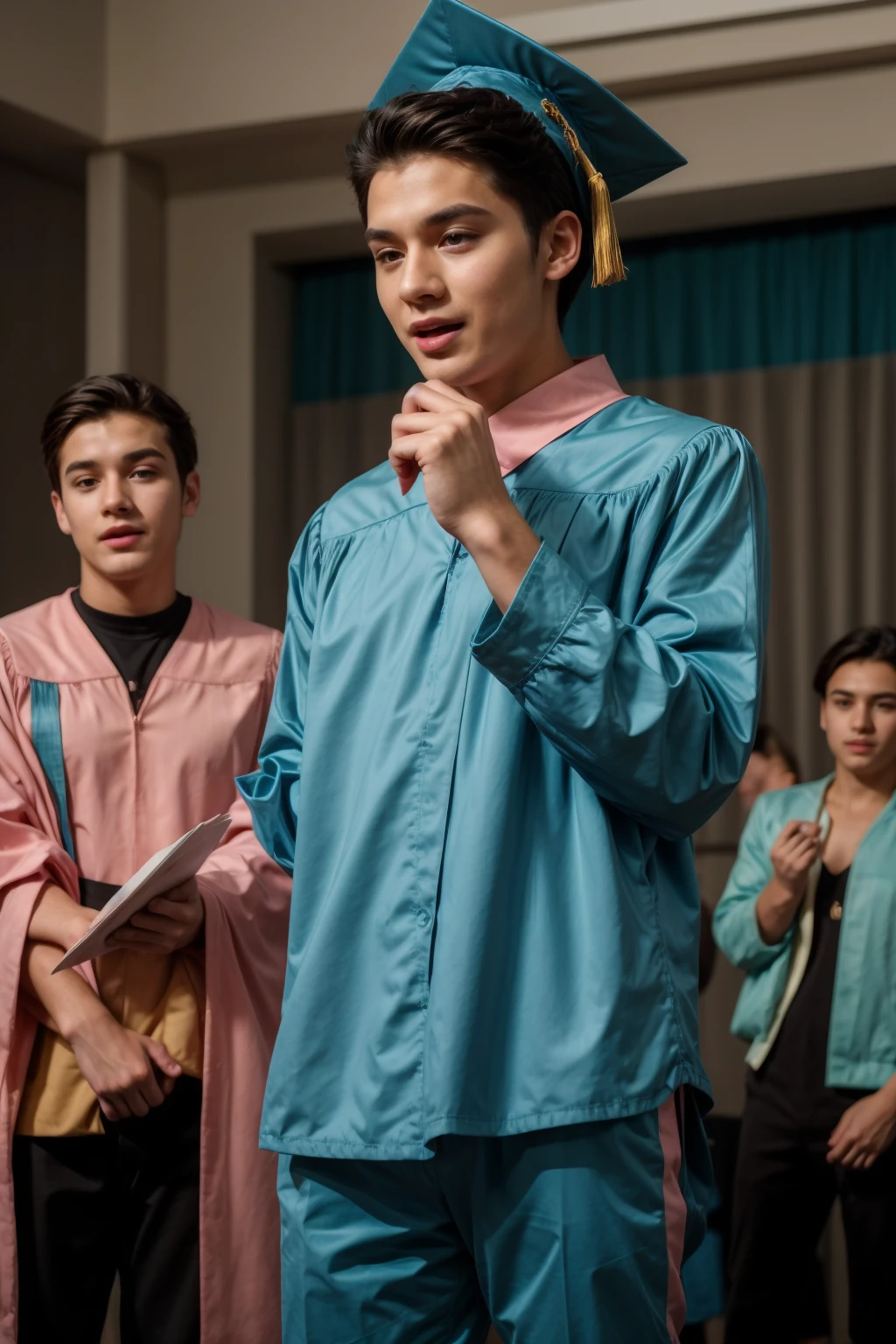 A beautiful, cute male young man with a make-up face and black hair wearing a long-sleeved pink shirt and aqua blue pants. He is in his graduation speech, speaking passionately while looking proud.
