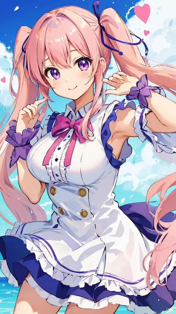 Highest quality、anime、solo、1 beautiful girl、Big Breasts、ribbon、Wink、Pink Hair、Twin tails、Purple eyes、original character、Sleevelesmile