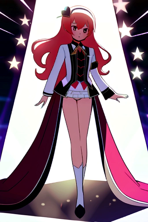 Make an idol anime girl, unique clothes We must not see the underwear, no nsfw, cute, no sexualization, stylish clothes, uniquely practical and not too short nor too long otherwise not practical for strutting around, flamboyant clothes