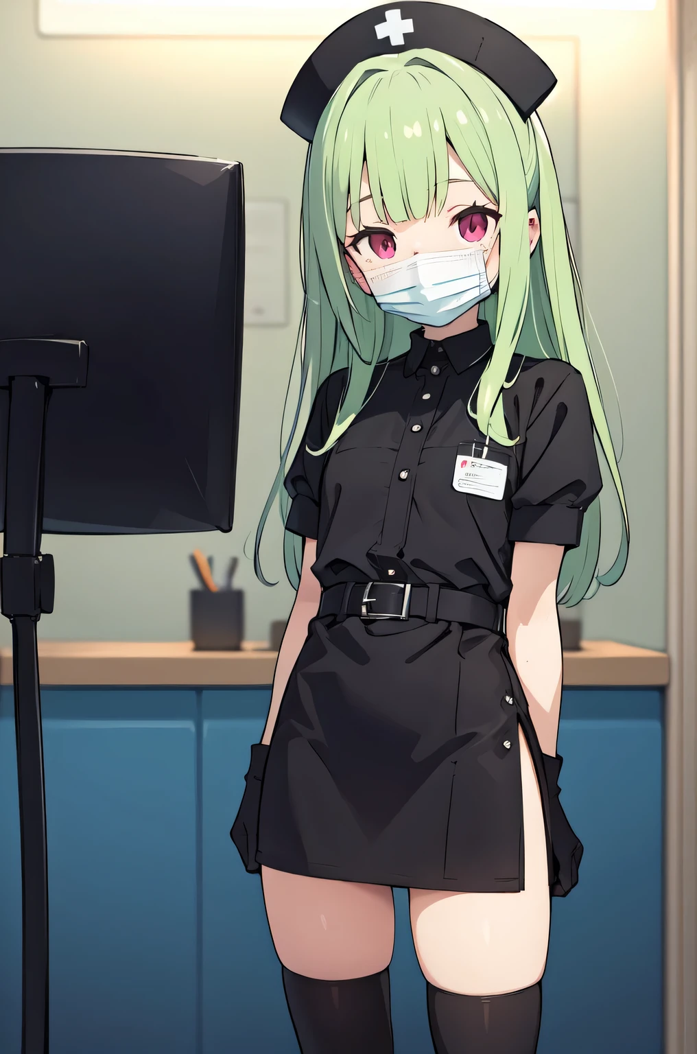 black nurse, 1woman, solo, black nurse cap, black nurse uniform, ((black legwear, zettai ryouiki)), black elbow gloves, forehead, long hair, green hair, pink eyes, ((black surgical mask, covered nose)), standing, ((surgery room)), sharp outline, short sleeves, mature female, 35 years old, best quality, masterpiece