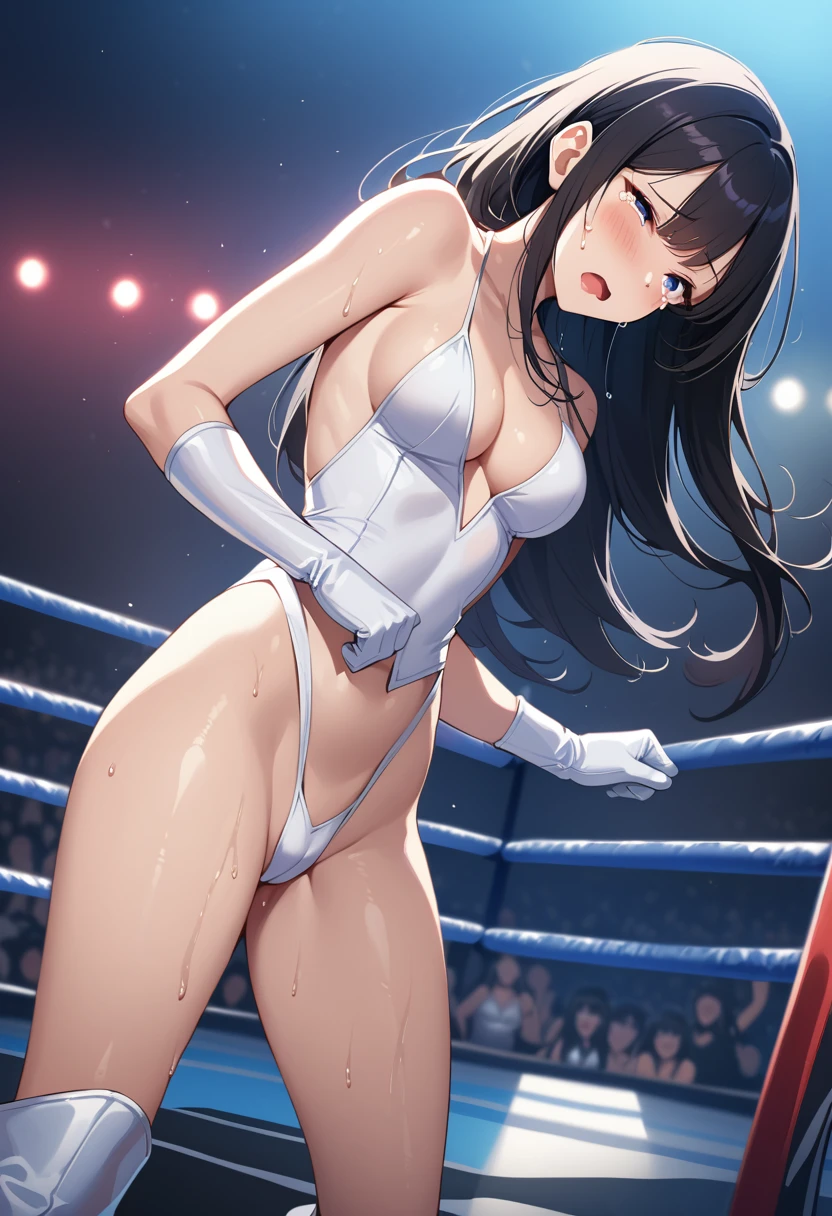 Ultra-high resolution, 1 Girl, 18-year-old, (Idols:1.4), (Famous actresses :1.4), (Beautiful detailed face:1), , ((Best Quality)), Cinematic Light, ,Mood lighting, Blue Hour, (((Perfect Anatomy:1.10))), (Finely detailed face:1.2), (Representative works:1.5), (Best Quality:1.2), looking at another, Lipstick, V Line Jaw, ((Prevents clothing from digging into the skin)), (((Sexual expressions:1.4))), ((Blushing:1.2)), (((Suffering expression:1.5))), (The background is blurred), Glossy texture, Strong winds:1.3, (((Black long hair:1.6))), (((tears:1.3))), (Perfect Face:1.4), ((Shiny skin:1.2)), (very smooth skin), (Sweaty skin:1.3), White Skin, Slender, Narrow nose, (Narrow waist:1), ((((Tired look:1.3)))), (Half-open mouth:1.3), (Saliva:1.1), (Medium size breasts:1.4), There is cleavage in the chest, Bangs, Light makeup, Small Ass, ((Pro Wrestling Match Venues:1.3)), ((Inside the professional wrestling ring:1.3)), ((Sexy Wrestling Costumes:1.3)), (Pure white wrestling costume:1.3), ((A pure white wrestling costume with intricately designed red lines:1.3)), (Patent leather long wrestling boots), Thimble Skin Gloves, (((Lie on your back))), (((Spread your legs))), (((Top view))), ((((High angle)))), ((((No genitalia depicted)))),
