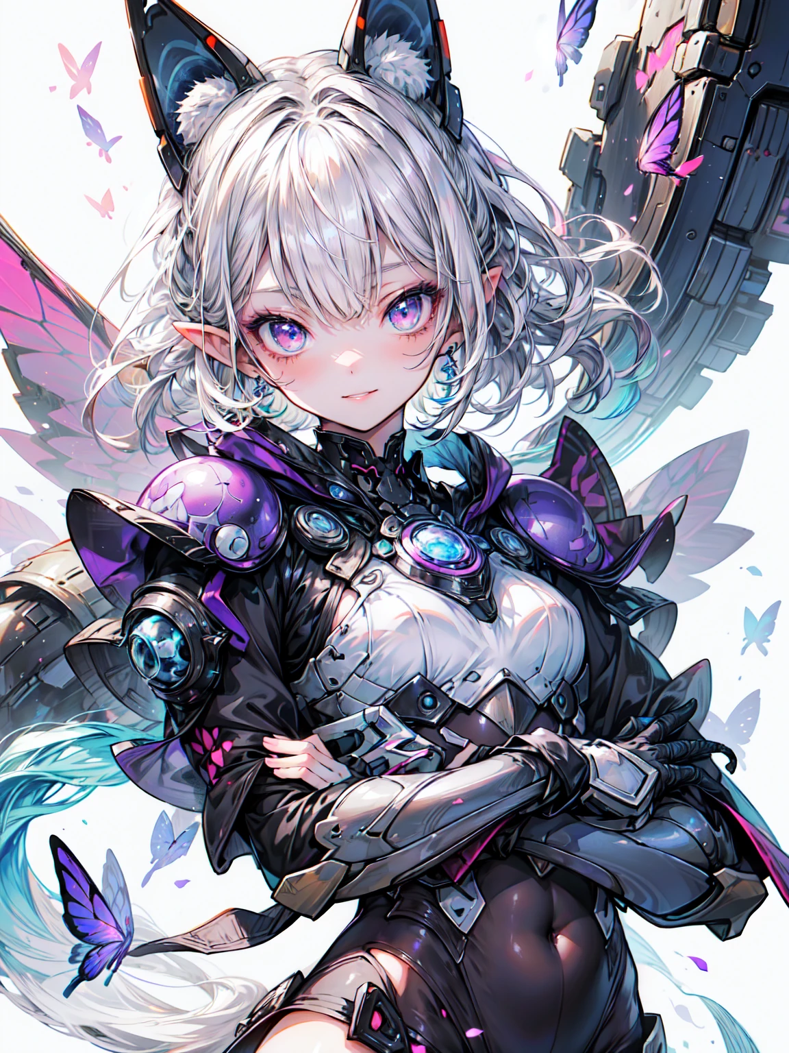 [(White Background:1.5)=5], (Bottle bottom:0.9), 1 Elf girl, Medium Shot, whole body, (armor Wing, Mecha legs, armor),((Short white hair)), Asymmetrical bangs, Rich facial and eye details, Perfect Lips, butterfly, Floating Petals, Stone fragments, Beautiful and delicate water, cloud, sun, evening, sunset, beautiful detailed cloud, Ocean, Wave, splash, dramatic, Cinema Lighting, detailedな表現, Fine details, Fantasy art, shape, masterpiece, The art of math, , Yusuke Murata Style. Blake非常にdetailed (Dark Elf), (1 Girl), alone, Perfect Face, detailed, Ahoge, ((Long Hair:1.2)), (Hair above one eye:1.3), [[Messy Hair]], Shiny blonde white hair, Purple eyes, Variegated eyes, Colorful Hair, Shining Eyes, Bright Eyes, Face imprint, (eyelash, eye shadow, pink eye shadow), smile, Design Art：haruhiko mikimoto, by Kawashi, By Yoshitaka Amano, break、((Perfect Anatomy)), Nice body, Medium Chest, (非常にdetailed指), Best Hand, Perfect Face, Beautiful Face, Beautiful Eyes, Perfect Eyes, (Perfect Fingers), Correct Anatomy