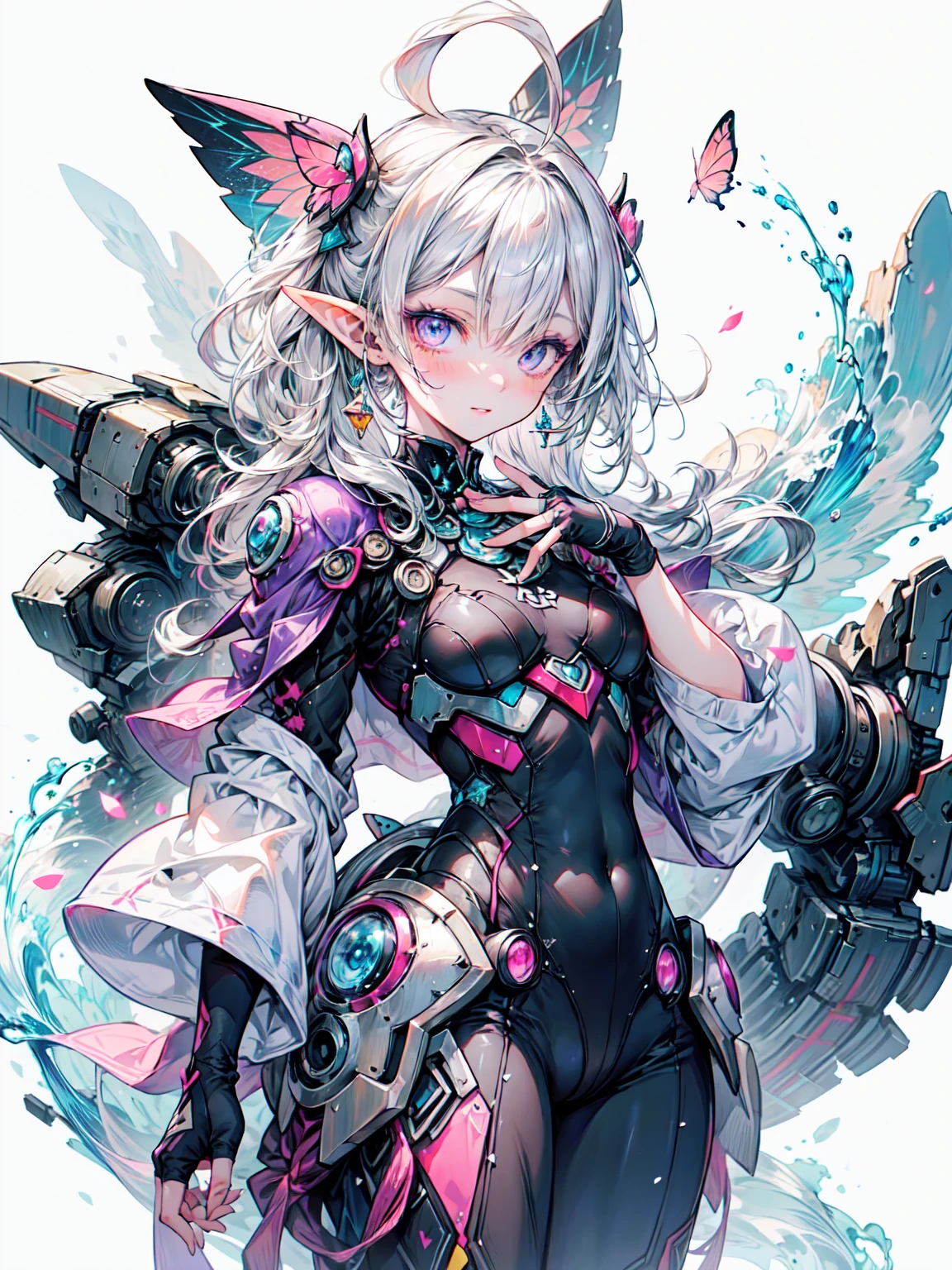 [(White Background:1.5)=5], (Bottle bottom:0.9), 1 Elf girl, Medium Shot, whole body, (armor Wing, Mecha legs, armor),((Short white hair)), Asymmetrical bangs, Rich facial and eye details, Perfect Lips, butterfly, Floating Petals, Stone fragments, Beautiful and delicate water, cloud, sun, evening, sunset, beautiful detailed cloud, Ocean, Wave, splash, dramatic, Cinema Lighting, detailedな表現, Fine details, Fantasy art, shape, masterpiece, The art of math, , Yusuke Murata Style. Blake非常にdetailed (Dark Elf), (1 Girl), alone, Perfect Face, detailed, Ahoge, ((Long Hair:1.2)), (Hair above one eye:1.3), [[Messy Hair]], Shiny blonde white hair, Purple eyes, Variegated eyes, Colorful Hair, Shining Eyes, Bright Eyes, Face imprint, (eyelash, eye shadow, pink eye shadow), smile, Design Art：haruhiko mikimoto, by Kawashi, By Yoshitaka Amano, break、((Perfect Anatomy)), Nice body, Medium Chest, (非常にdetailed指), Best Hand, Perfect Face, Beautiful Face, Beautiful Eyes, Perfect Eyes, (Perfect Fingers), Correct Anatomy