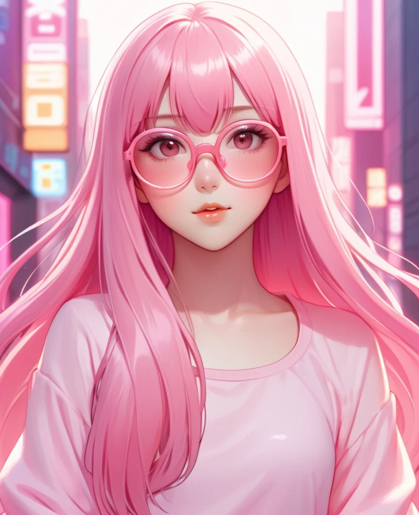 Beautiful anime girl with long straight pink hair and bangs, Wearing light pink glasses, Wear bright clothes，The background is pink, High quality in Artgerm style, And adopts the kawaii comic style of y2k aesthetic, soft lights and soft colors，Reflects Loish&#39;s style, Digital illustration close up portrait with shining eyes, Adopt cute cartoon character design，High resolution bold lines，Full body shot concept，Low angle flat shadow figures，Features a bright pink color and detailed facial features, baodada. Beautiful and gorgeous.