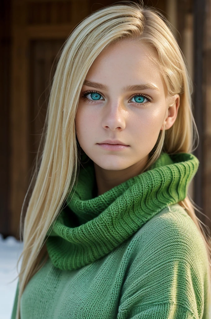 bianca, a  girl with delicate features. She has blonde hair and green eyes. Their skin is white as snow, and she exudes an air of grace and mystery. angry expression, wears a green sweater with a red scarf