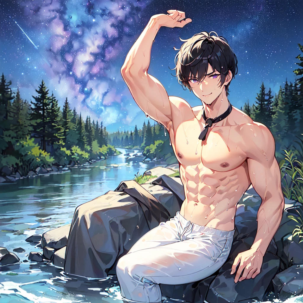 masterpiece,best quality,high quality,extremely detailed,(male austere handsome one solo adult 0 years old:1.5),(purple eyes, cool with suspended eyes), body strong and fearless 8.5 head tall and 185cm tall,(well-groomed black hair short hair to neck:1.4), (bangs parted in thirds:1.4), (pectoral and rectus abdominis muscles:1.3), slender nose, facial muscles, (saltwater pants:1.3), (hand on neck:1.3), (scowling smile:1.3), (bathing and wet:1.3), (stylish pose), (seated:1.3), (hair in (background summer river and forest:1.3), (Milky Way Night Sky: 1.3)