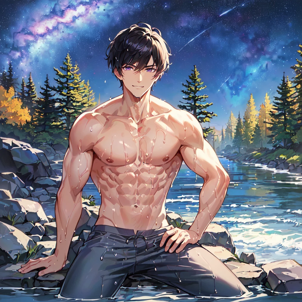 masterpiece,best quality,high quality,extremely detailed,(male austere handsome one solo adult age 30 years old:1.5),(purple eyes, cool with suspended eyes), body strong and fearless 8.5 head tall and 185cm tall,(well-groomed black hair short hair to neck:1.4), (bangs parted in thirds:1.4), (pectoral and rectus abdominis muscles:1.3), slender nose, facial muscles, (saltwater pants:1.3), (hand on neck:1.3), (scowling smile:1.3), (bathing and wet:1.3), (stylish pose), (seated:1.3), (hair in (background summer river and forest:1.3), (Milky Way Night Sky: 1.3)