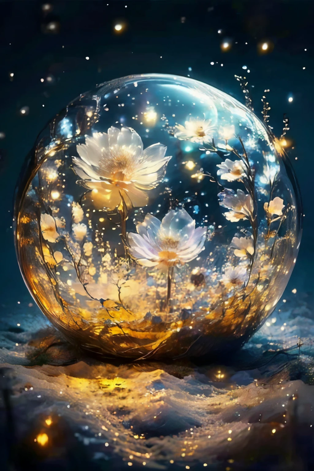 Best quality, Night, distant view, colorful , beautiful nightsky, beautiful moonlight, amazing scenery, amazing visuals, beautiful artwork, ultrasharp, masterpiece, highres, 8k, realistic, starry night, starlight, lanterns, water reflection, glows details, bottle, In glass bottle, spherical glass bottle