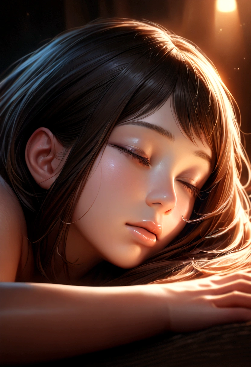 ochako uraraka,1girl,nude,lying on stomach,sleeping,beautiful detailed eyes,beautiful detailed lips,extremely detailed face,long eyelashes,highly detailed,masterpiece,photorealistic,8k,hyper detailed,dramatic lighting,warm color palette,soft ambient lighting,delicate skin texture,peaceful expression,intricate details