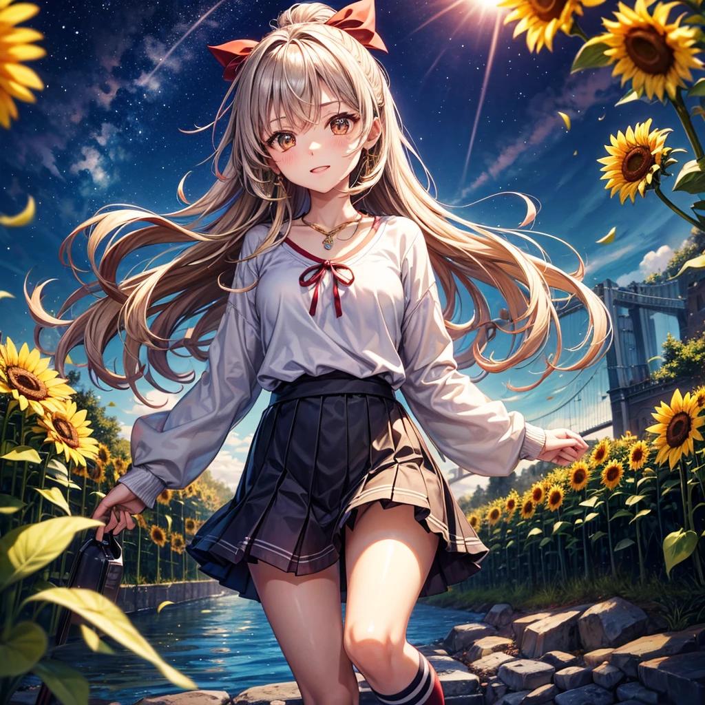 Red, brown, gold, gold hair、Golden Eyes、Hair tied up、One good looking girl、solo、anime、Checkered mini skirt、Ruffles on the skirt、camisole、Lightweight cardigan、school uniform、Black knee-high socks、Wearing a baseball cap、Ribbon、Ribbon on waist、Teeth are visible、Silver coin necklace、From above、Sunflower Tunnel、Cobblestones、waterfall、Have sunflowers、Starry Sky、Midnight Moon、Winding Road、Unlocking、suspension bridge、Soap bubbles are flying