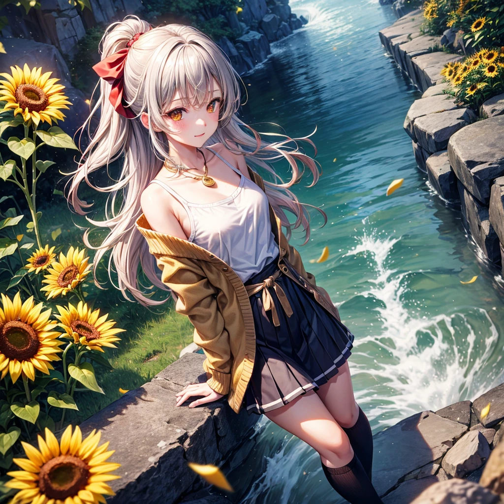 Red, brown, gold, gold hair、Golden Eyes、Hair tied up、One good looking girl、solo、anime、Checkered mini skirt、Ruffles on the skirt、camisole、Lightweight cardigan、school uniform、Black knee-high socks、Wearing a baseball cap、Ribbon、Ribbon on waist、Teeth are visible、Silver coin necklace、From above、Sunflower Tunnel、Cobblestones、waterfall、Have sunflowers、Starry Sky、Midnight Moon、Winding Road、Unlocking、suspension bridge、Soap bubbles are flying