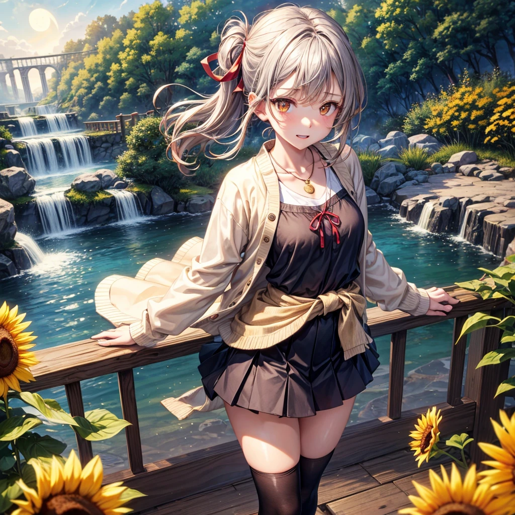 Red, brown, gold, gold hair、Golden Eyes、Hair tied up、One good looking girl、solo、anime、Checkered mini skirt、Ruffles on the skirt、camisole、Lightweight cardigan、school uniform、Black knee-high socks、Wearing a baseball cap、Ribbon、Ribbon on waist、Teeth are visible、Silver coin necklace、From above、Sunflower Tunnel、Cobblestones、waterfall、Have sunflowers、Starry Sky、Midnight Moon、Winding Road、Unlocking、suspension bridge、Soap bubbles are flying