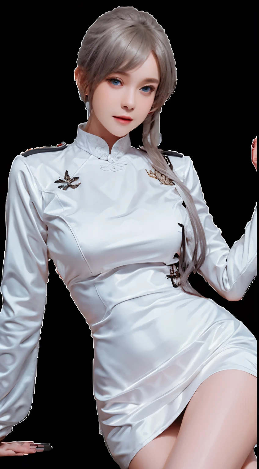 Realistic, High resolution, soft light, 1 female, alone, Hips up, blue eyes, long white hair, military uniform, Jacket, shirt, skirt