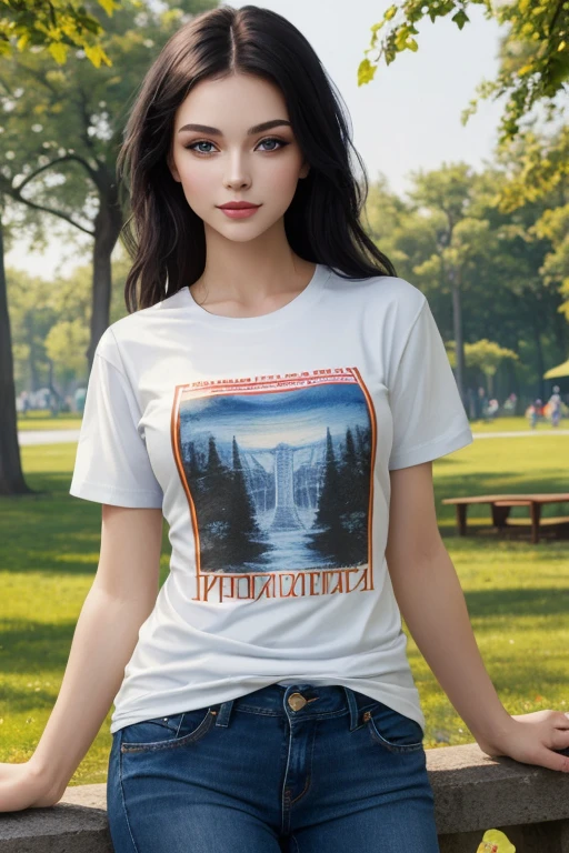 ((best quality)), ((masterpiece)), (detailed), Beautiful black haired russian woman, wearing short sleeves white printed t-shirt  and blue jeans , in park