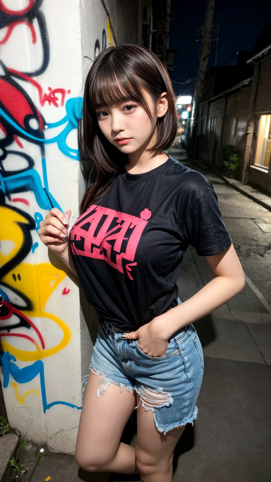 masterpiece, best quality, illustration, Super detailed, fine details, High resolution, 8K,wall paper, perfect dynamic composition,(Details High quality, realistic depiction of eyes:1.3),  (Japanese teenage girl standing in a dirty back alley at night, graffitied wall:1.1), (wearing a tattered and dirty t-shirt.:1.1), Wearing baggy pants, dirty body, short bob hair, black hair color, Big Natural Color Lip,  seductive face, provocative look, crying a little、Harajuku style、(graffiti), night time, 20 year old girl、cute type、****ta, Gravure Idol, full body photo、focus on crotch, (huge breasts)