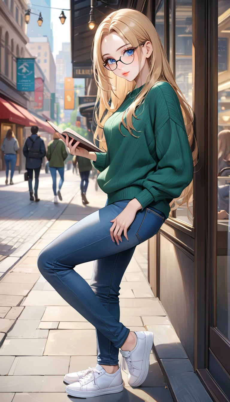 ((best quality, masterpiece:1.3, 8K)), (detailed), highly detailed face and skin texture, detailed eyes, downtown, full body, seductive pose, slender body, 1girl, 25 years old, white skin, blue eyes, bright lips, seductive smile, blond hair, straight hair, long hair, (forehead:1.0), blue eyes, reading glasses, green sweater, jeans pants, skinny jeans, blue jeans, white sneakers, 