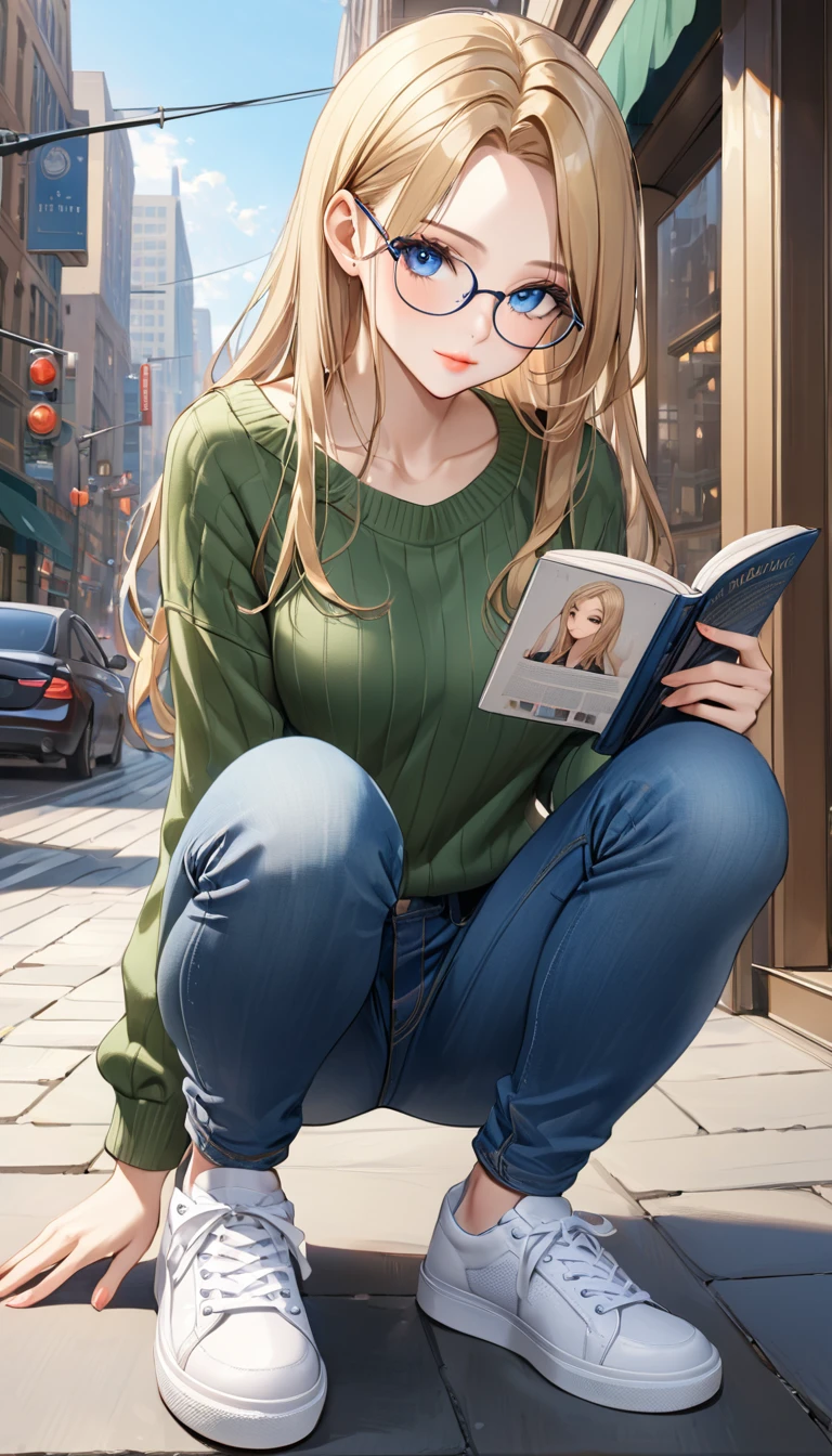 ((best quality, masterpiece:1.3, 8K)), (detailed), highly detailed face and skin texture, detailed eyes, downtown, full body, seductive pose, slender body, 1girl, 25 years old, white skin, blue eyes, bright lips, seductive smile, blond hair, straight hair, long hair, (forehead:1.0), blue eyes, reading glasses, green sweater, jeans pants, skinny jeans, blue jeans, white sneakers,