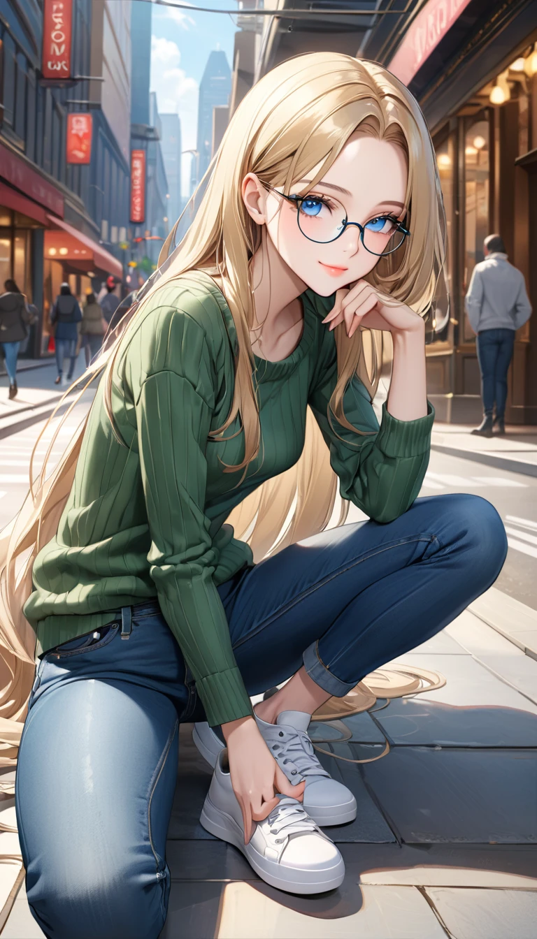 ((best quality, masterpiece:1.3, 8K)), (detailed), highly detailed face and skin texture, detailed eyes, downtown, full body, seductive pose, slender body, 1girl, 25 years old, white skin, blue eyes, bright lips, seductive smile, blond hair, straight hair, long hair, (forehead:1.0), blue eyes, reading glasses, green sweater, jeans pants, skinny jeans, blue jeans, white sneakers,