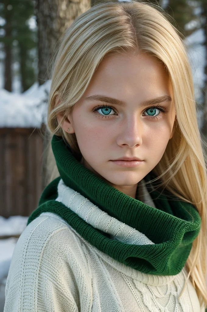 bianca, a 17 year old girl with delicate features. She has blonde hair and green eyes. Their skin is white as snow, and she exudes an air of grace and mystery. angry expression, wears a green sweater with a red scarf