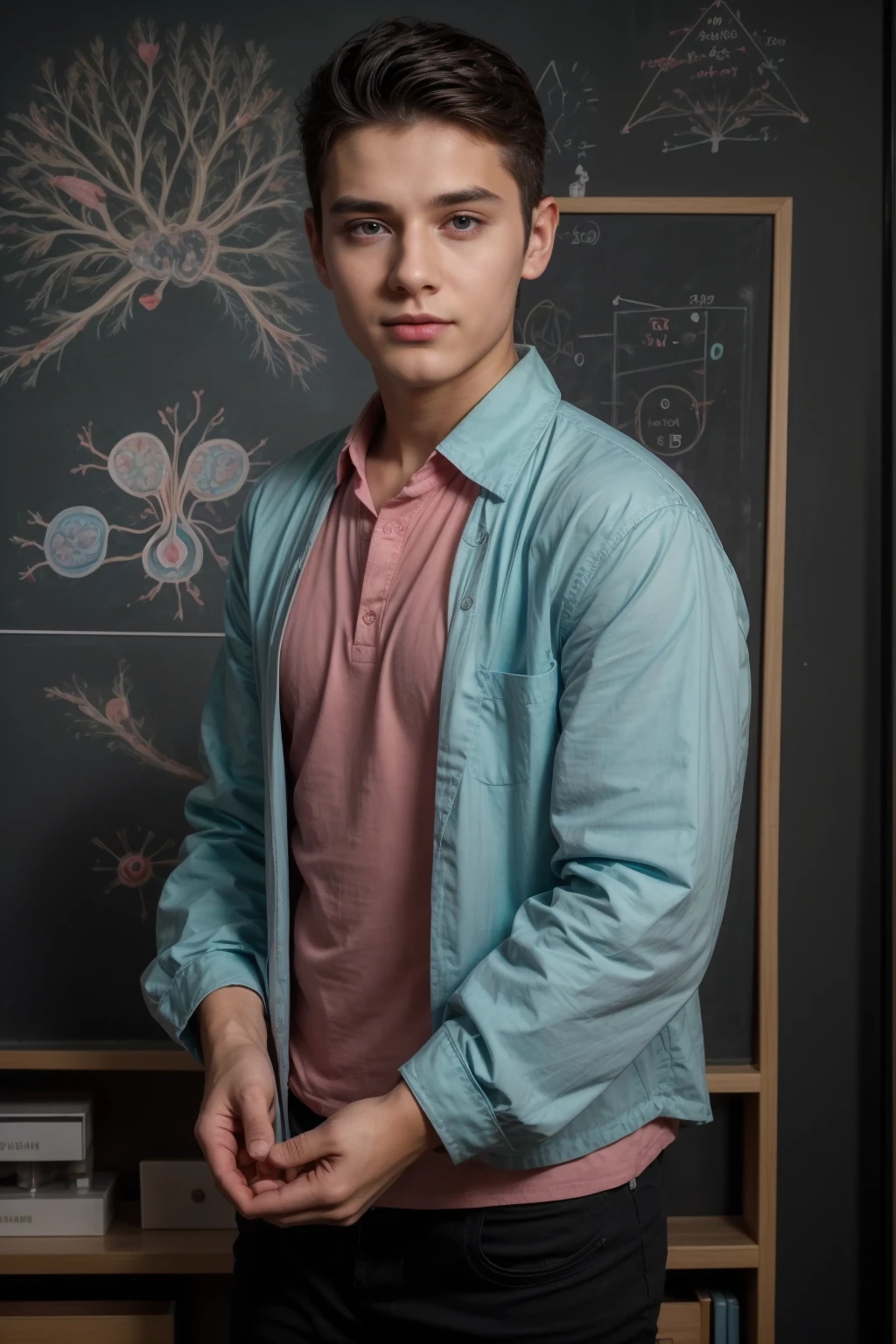 A beautiful, cute male young man with a make-up face and black hair wearing a long-sleeved, pink shirt and aqua blue pants. He is in his scientific office, and behind him is a blackboard on which is written the shape of the brain, its anatomy, brain cells, and blood bags, and he looks proudly.