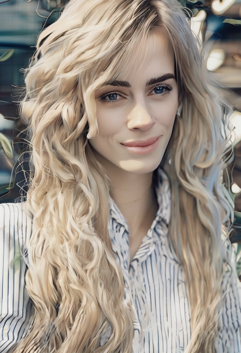 hyperdetailed photography of Emma Watson, long white blonde messi hair, happy, laughing, eyes open, perfect eyes, vintage style, masterpiece, best quality,highly detailed, very detailed skin texture,  (looking at viewer:1.4), full body,  blank background, 
 