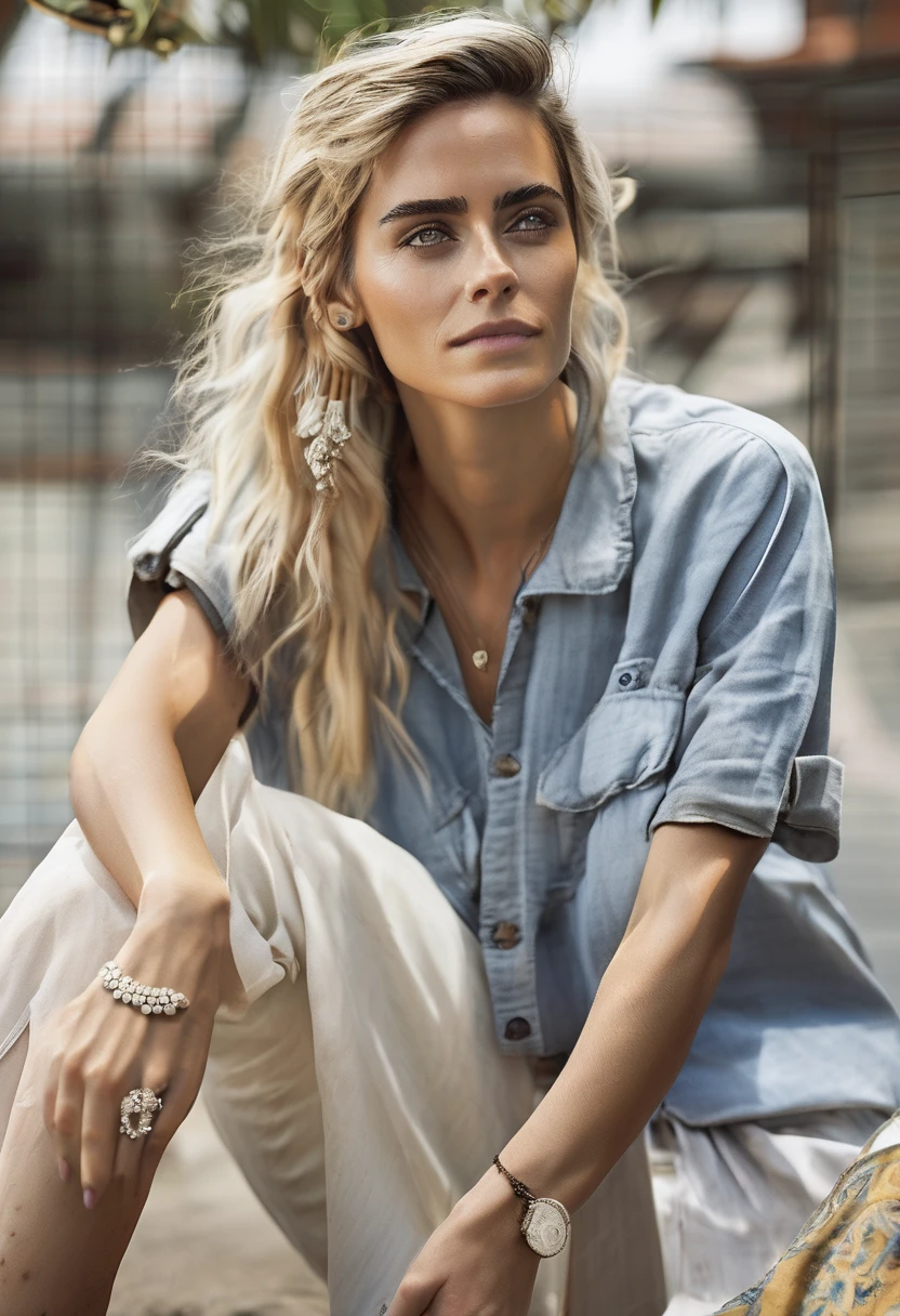 hyperdetailed photography of Emma Watson, long white blonde messi hair, happy, laughing, eyes open, perfect eyes, vintage style, masterpiece, best quality,highly detailed, very detailed skin texture,  (looking at viewer:1.4), full body,  blank background, 
 