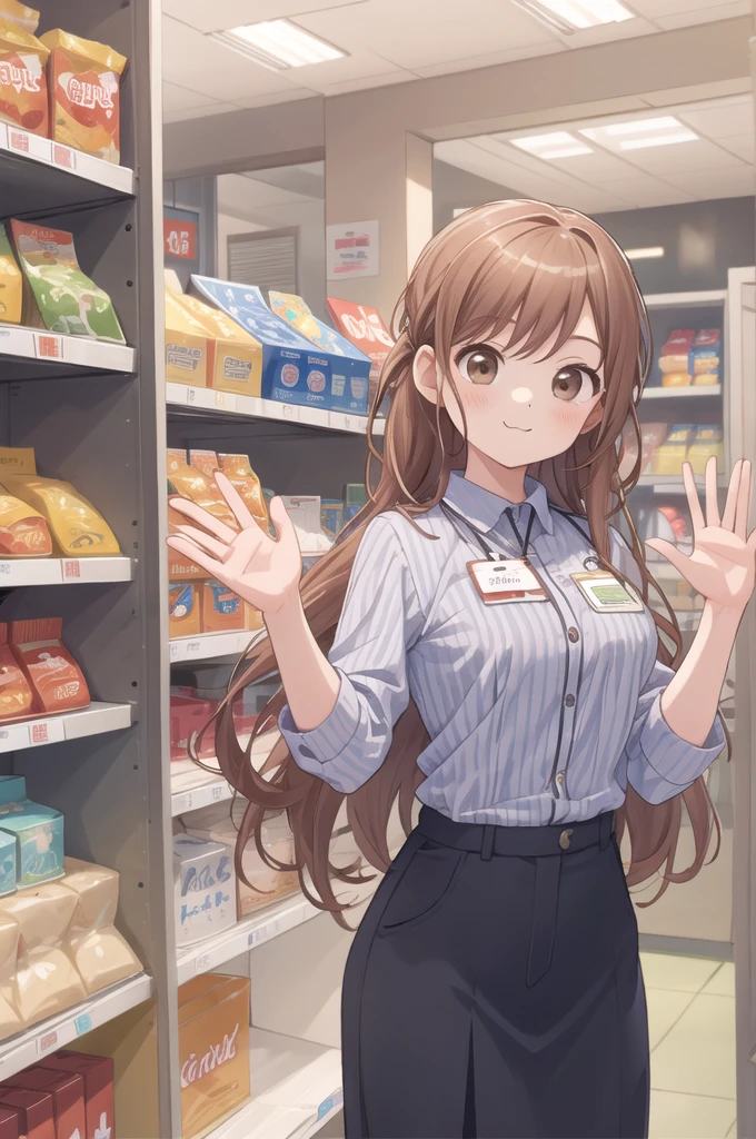 masterpiece, best quality, ultra-detailed, illustration,
konbini, scenery, shop, indoors, LAWSONU, employee uniform, uniform, shop, convenience store, uniform, realistic, employee uniform, striped shirt, smile, striped, food, 1boy, indoors, shirt, id card, vertical stripes, 1girl, holding, long hair black, name tag, vertical-striped shirt, (:3:1)
medium breasts, brown eyes, brown eyes, waving
 [ponytail:0.5]