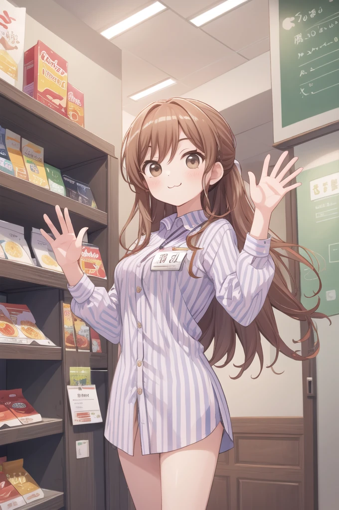 masterpiece, best quality, ultra-detailed, illustration,
konbini, scenery, shop, indoors, LAWSONU, employee uniform, uniform, shop, convenience store, uniform, realistic, employee uniform, striped shirt, smile, striped, food, 1boy, indoors, shirt, id card, vertical stripes, 1girl, holding, long hair black, name tag, vertical-striped shirt, (:3:1)
medium breasts, brown eyes, brown eyes, waving
 [ponytail:0.5]