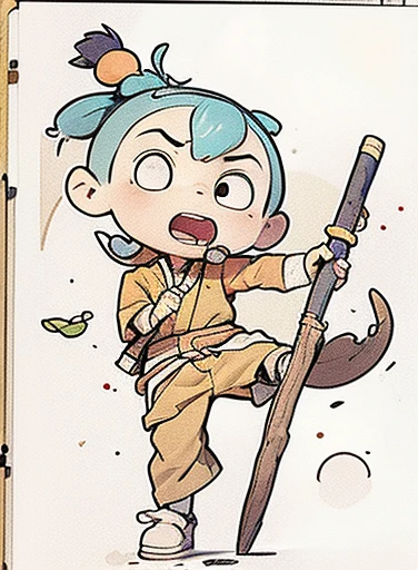 drawing of a cartoon character holding a stick and a knife, aang, avatar aang, colored sketch, high quality colored sketch, gumball watterson, atla, full color drawing, inspired by Puru, detailed fanart, colorized pencil, a color pencil sketch, high quality fanart, coloured in blueberra and orange, avatar the last airbender, fanart