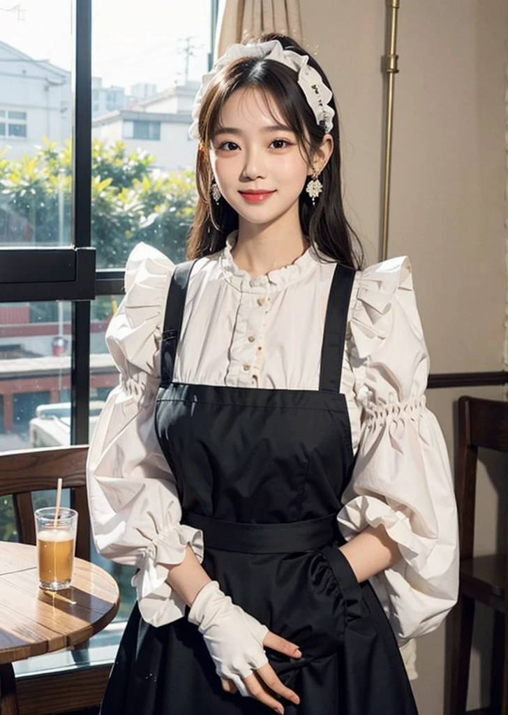 One Girl, apron, Black dress, blush, Braiding, dress,Frills, gloves, Hair between the eyes, jewelry, Juliet Sleeve, Long sleeve, Maid, Maid apron, Maidの頭飾り, Puffy sleeves, White apron, window, actress、Age 25、expensive、Cafe、restaurant, slim、thin、日本woman, smile, 23 years old,woman,Brown long straight hair,Wet body,Perfect body,Trained abdominal muscles,Shiny skin,Highest quality,日本のwoman一人,diamond,Earrings