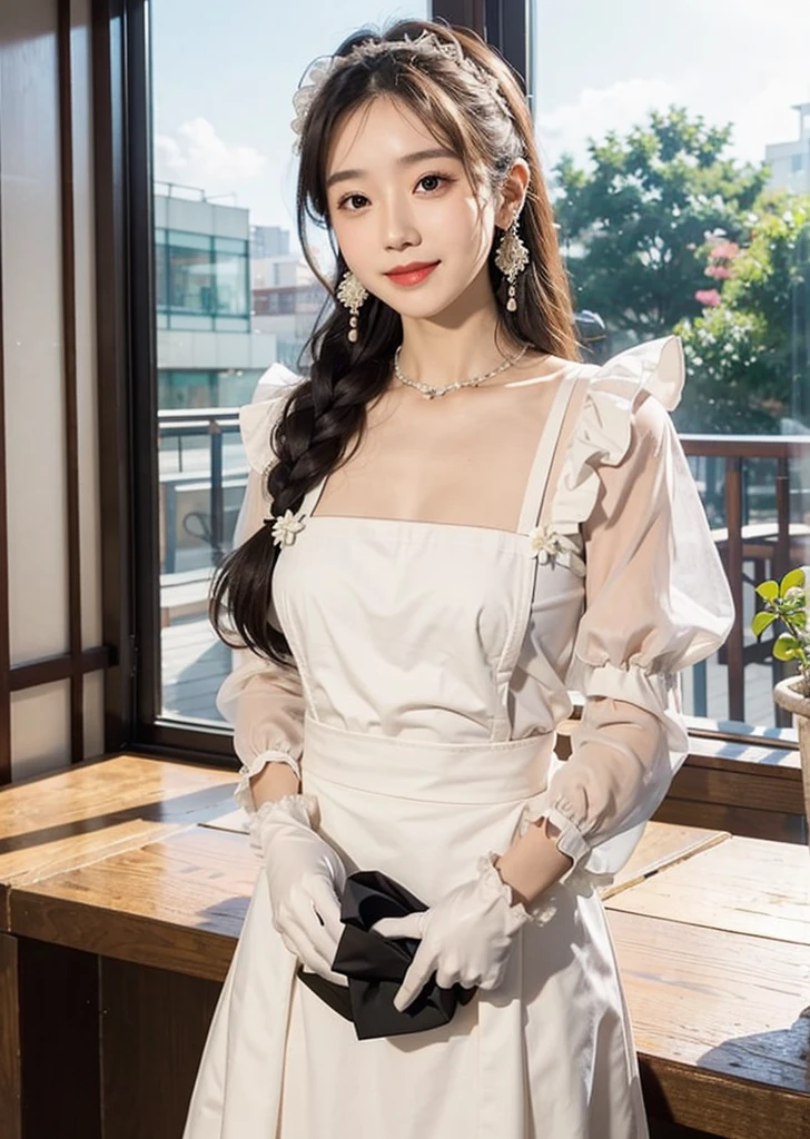 One Girl, apron, Black dress, blush, Braiding, dress,Frills, gloves, Hair between the eyes, jewelry, Juliet Sleeve, Long sleeve, Maid, Maid apron, Maidの頭飾り, Puffy sleeves, White apron, window, actress、Age 25、expensive、Cafe、restaurant, slim、thin、日本woman, smile, 23 years old,woman,Brown long straight hair,Wet body,Perfect body,Trained abdominal muscles,Shiny skin,Highest quality,日本のwoman一人,diamond,Earrings