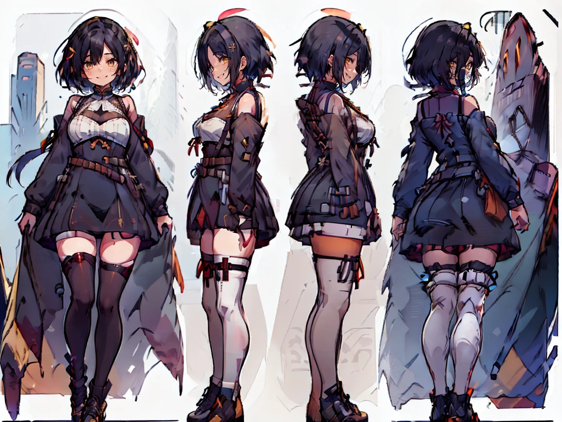 (((three-sided view, front view, side view, back view, multiple views, multiple poses and expressions, many parts)), concept art, character concept art, character sheet, Full body, illustration, (simple background, gray background), 1 character, 1girl, fantasy art:1.1), (hui xiyi:0.7), rekkyo sensen, rekkyou sensen, girls with((black hair, bangs, (one side up, long wavy hair, ribbon:1.55), perfect hands, perfect fingers, (exposed breasts, tits cleavage, breasts close up:1.2), dress((suspenders, dress, belt, nun:1.15), (blue clothes, frills shirt, white knit sweater, long sleeves, frills dress, frills skirt, wind blowing dress, long sleeves, (white legwear:1.55), thighhighs, single thighhighs, single legwear, black footwear, strap shoes:1.42))