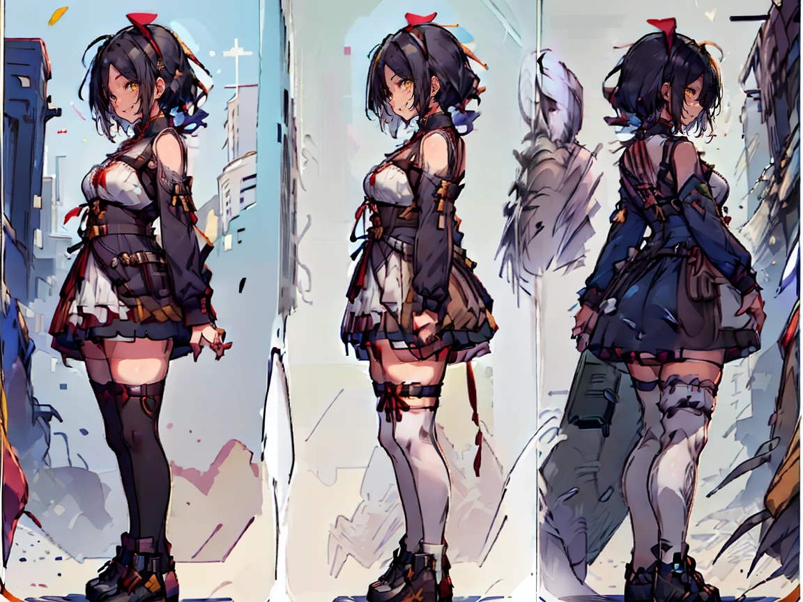 (((three-sided view, front view, side view, back view, multiple views, multiple poses and expressions, many parts)), concept art, character concept art, character sheet, Full body, illustration, (simple background, gray background), 1 character, 1girl, fantasy art:1.1), (hui xiyi:0.7), rekkyo sensen, rekkyou sensen, girls with((black hair, bangs, (one side up, long wavy hair, ribbon:1.55), perfect hands, perfect fingers, (exposed breasts, tits cleavage, breasts close up:1.2), dress((suspenders, dress, belt, nun:1.15), (blue clothes, frills shirt, white knit sweater, long sleeves, frills dress, frills skirt, wind blowing dress, long sleeves, (white legwear:1.55), thighhighs, single thighhighs, single legwear, black footwear, strap shoes:1.42))
