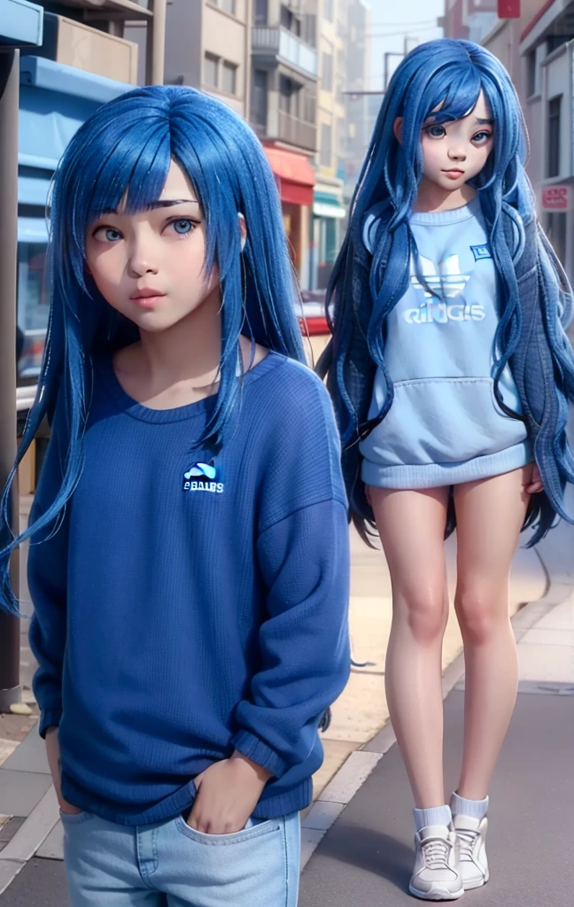 Long blue wavy hair, blue skin color, eyes browns, Adidas White Sneakers